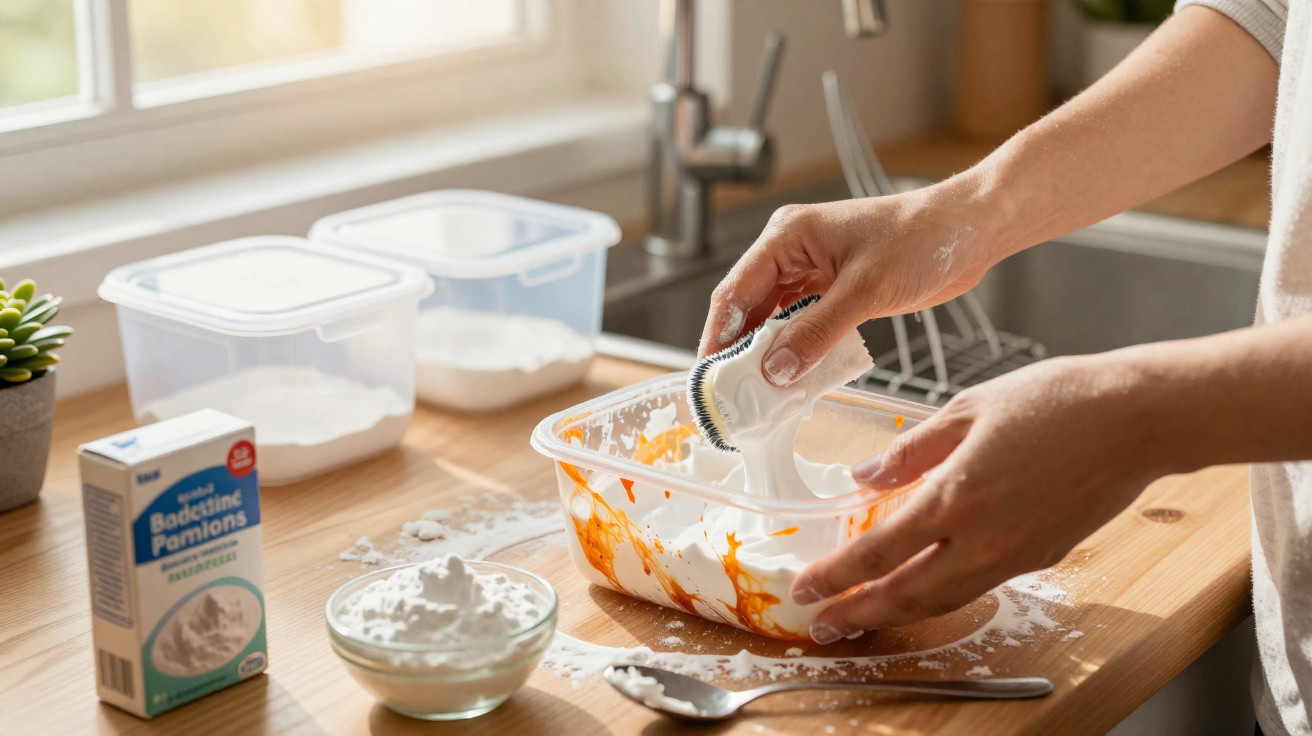 Mãos a misturar amido em recipiente transparente com líquido laranja, em bancada de cozinha iluminada.