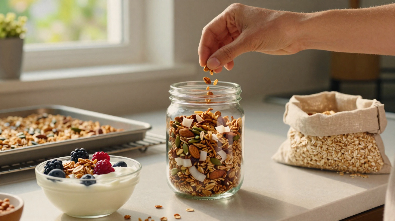 Pessoa a colocar granola num frasco de vidro numa bancada de cozinha, com iogurte e frutas ao lado.
