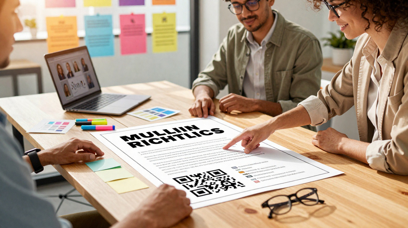 Três pessoas sentadas à mesa a discutir um cartaz com texto, código QR e amostras de cores.
