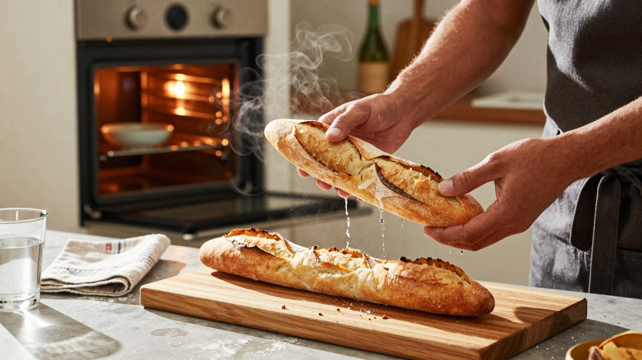 Pessoa a partir um pão baguete quente numa cozinha com forno aberto ao fundo.