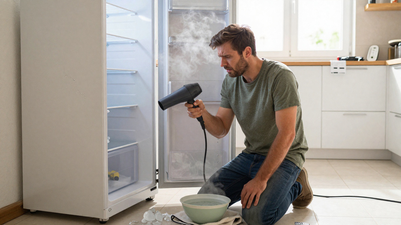 Homem com cabelo e barba castanhos usa secador para derreter gelo de um frigorífico aberto na cozinha.
