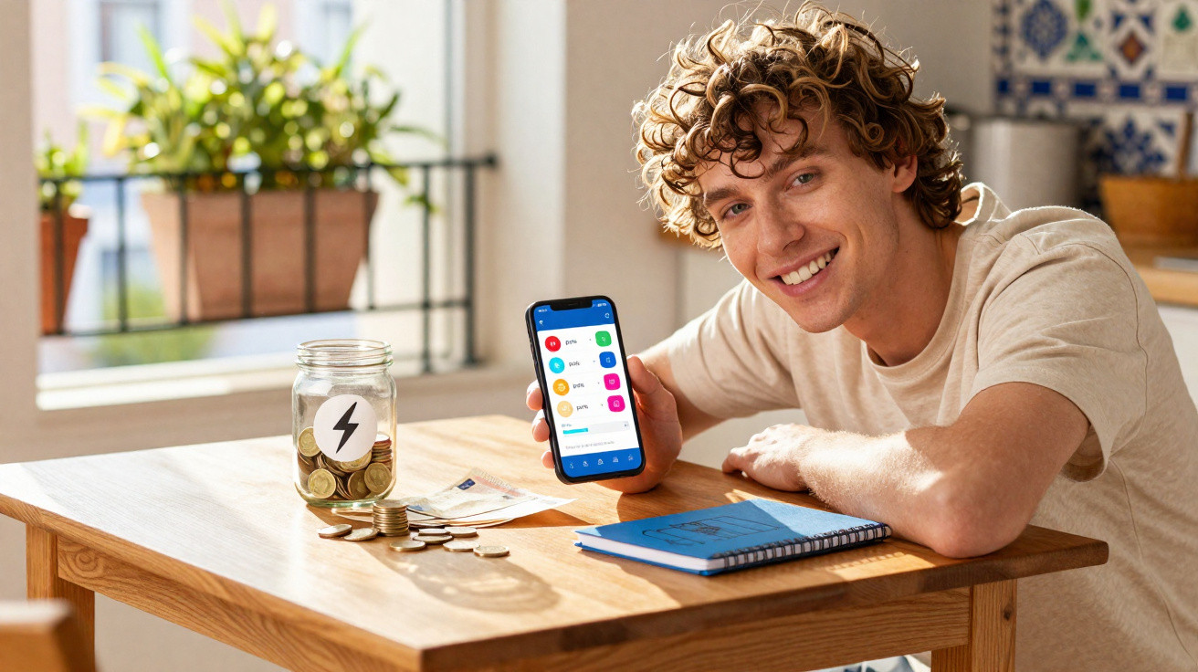 Jovem sorridente mostra aplicação de gestão financeira no telemóvel com moedas e caderno numa mesa.