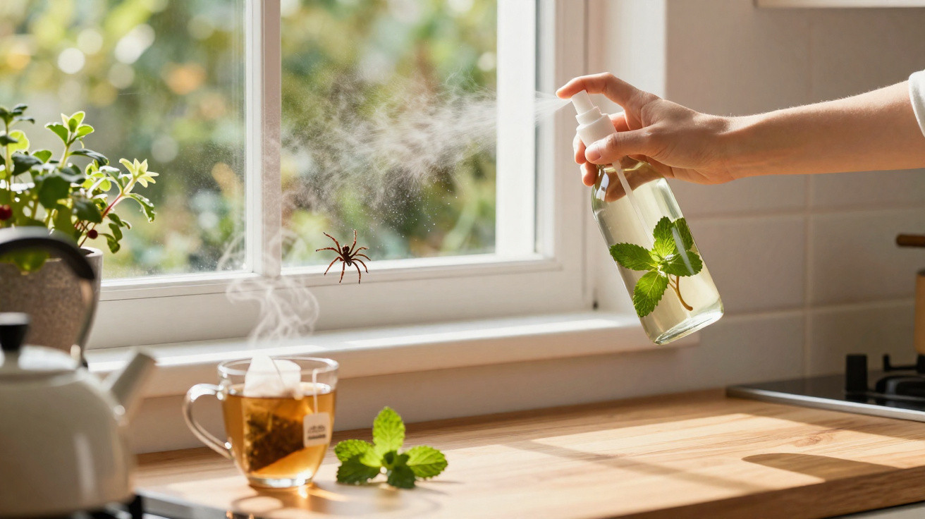 Mão a borrifar repelente com folhas de hortelã junto a aranha numa janela de cozinha ensolarada.