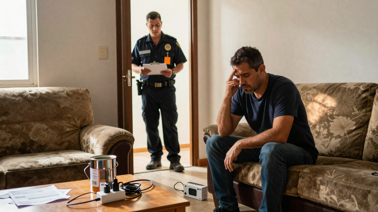 Homem preocupado sentado no sofá com polícia ao fundo a ler documentos numa sala de estar.