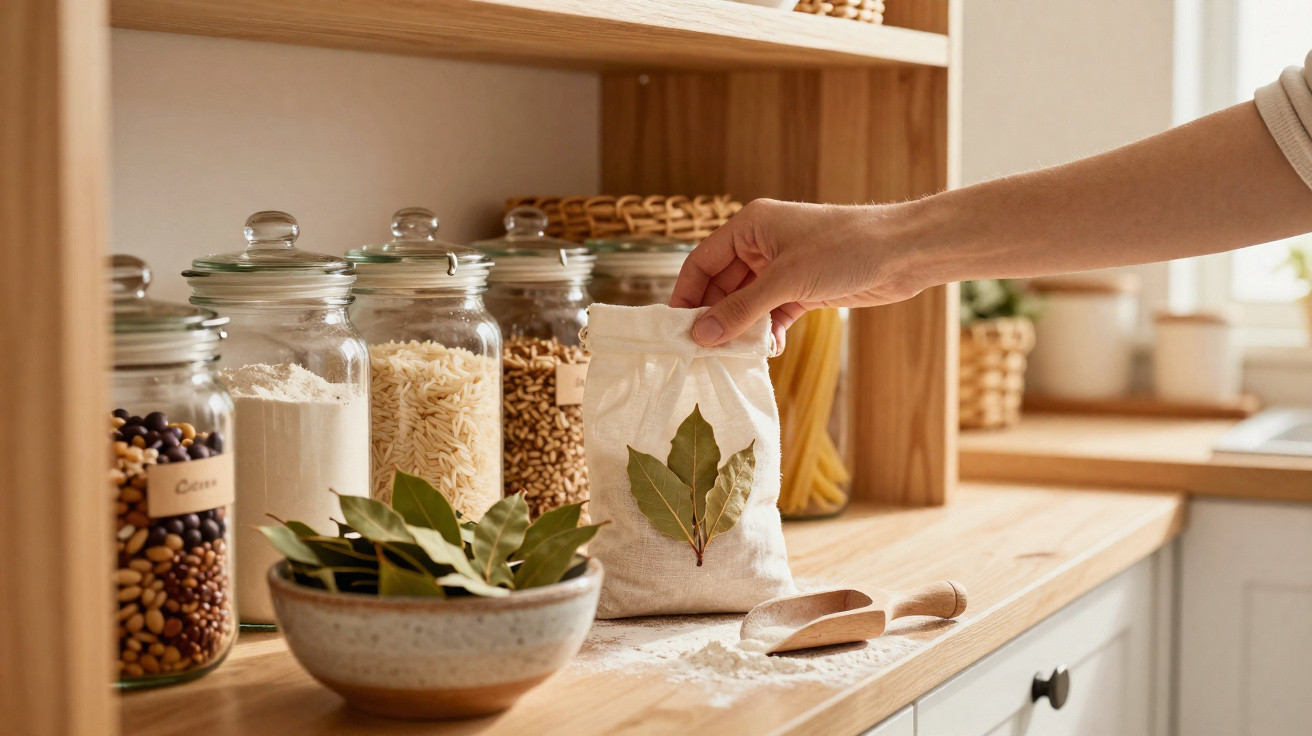 Mão a pegar saco de pano com folhas de louro numa cozinha com frascos de vidro e especiarias.