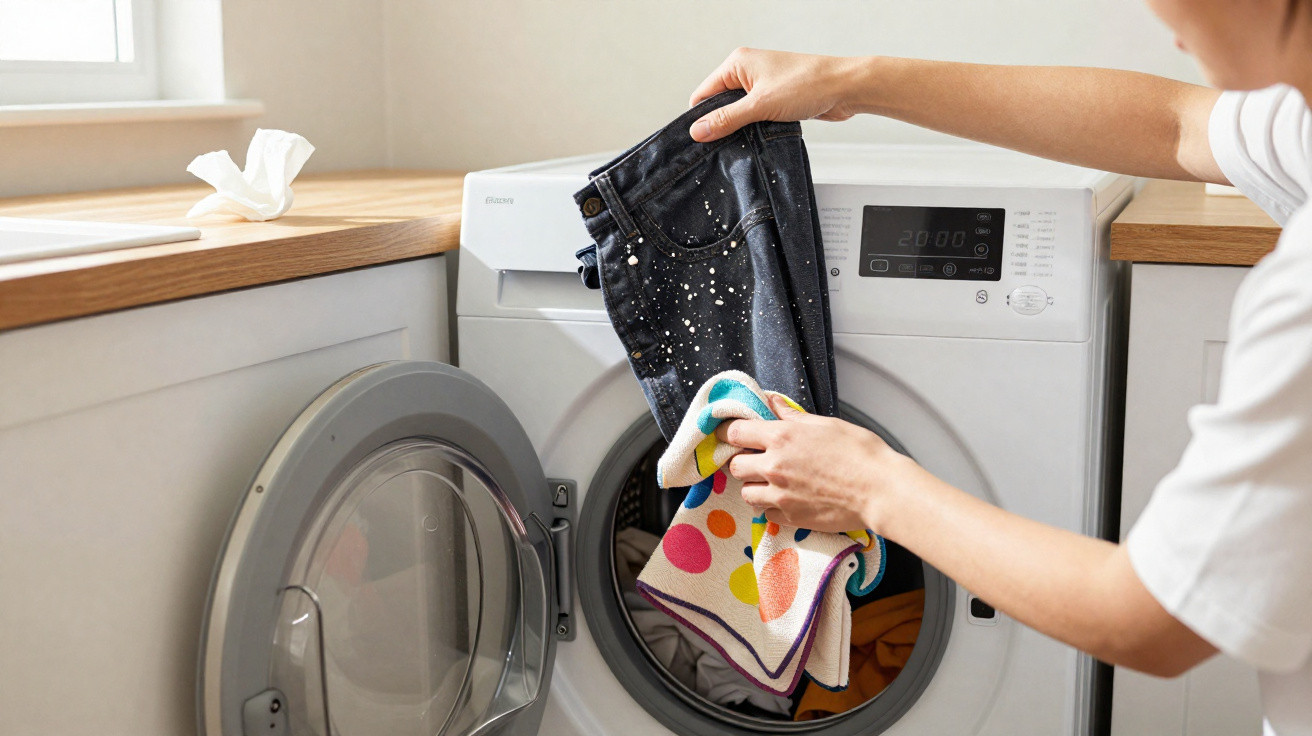Pessoa a tirar roupas coloridas e calças pretas de uma máquina de lavar roupa branca numa cozinha.