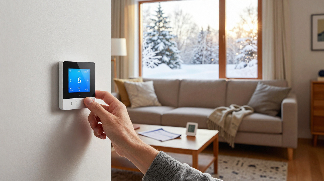 Pessoa ajusta termóstato digital numa sala com sofá à janela que mostra paisagem de inverno com neve e pinheiros.