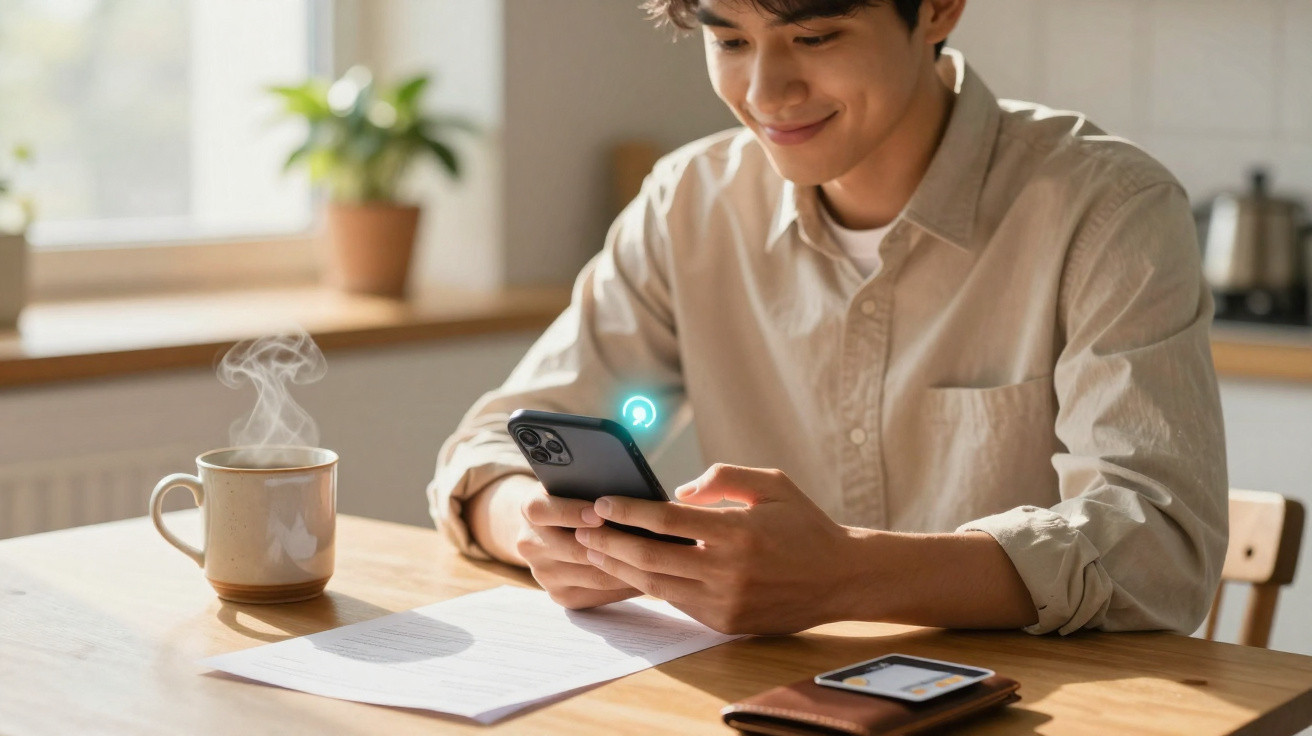 Jovem sorridente sentado à mesa, a usar telemóvel, com chá quente e documentos à sua frente.