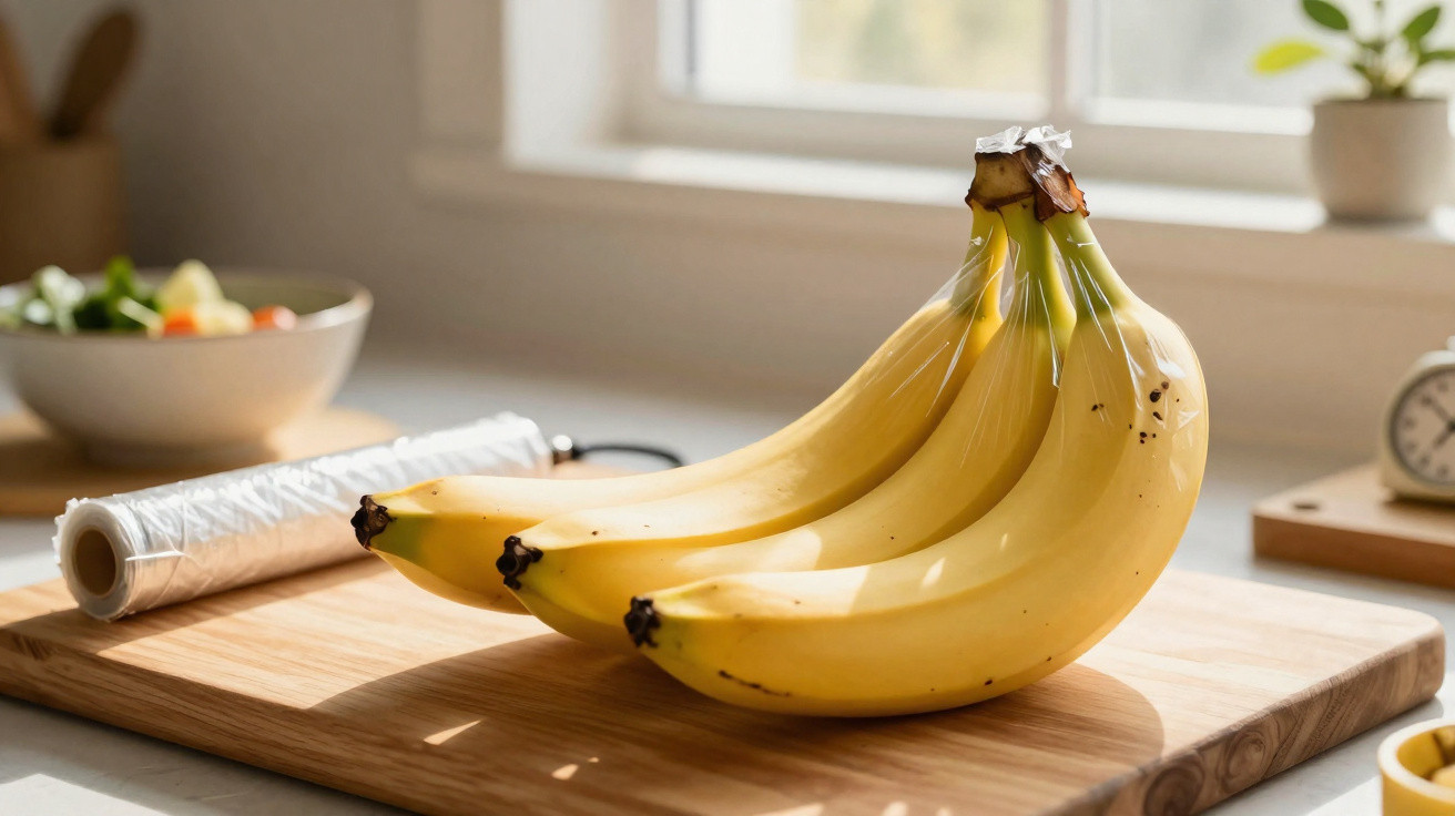 Cacho de bananas maduras sobre tábua de madeira numa cozinha iluminada por luz natural.