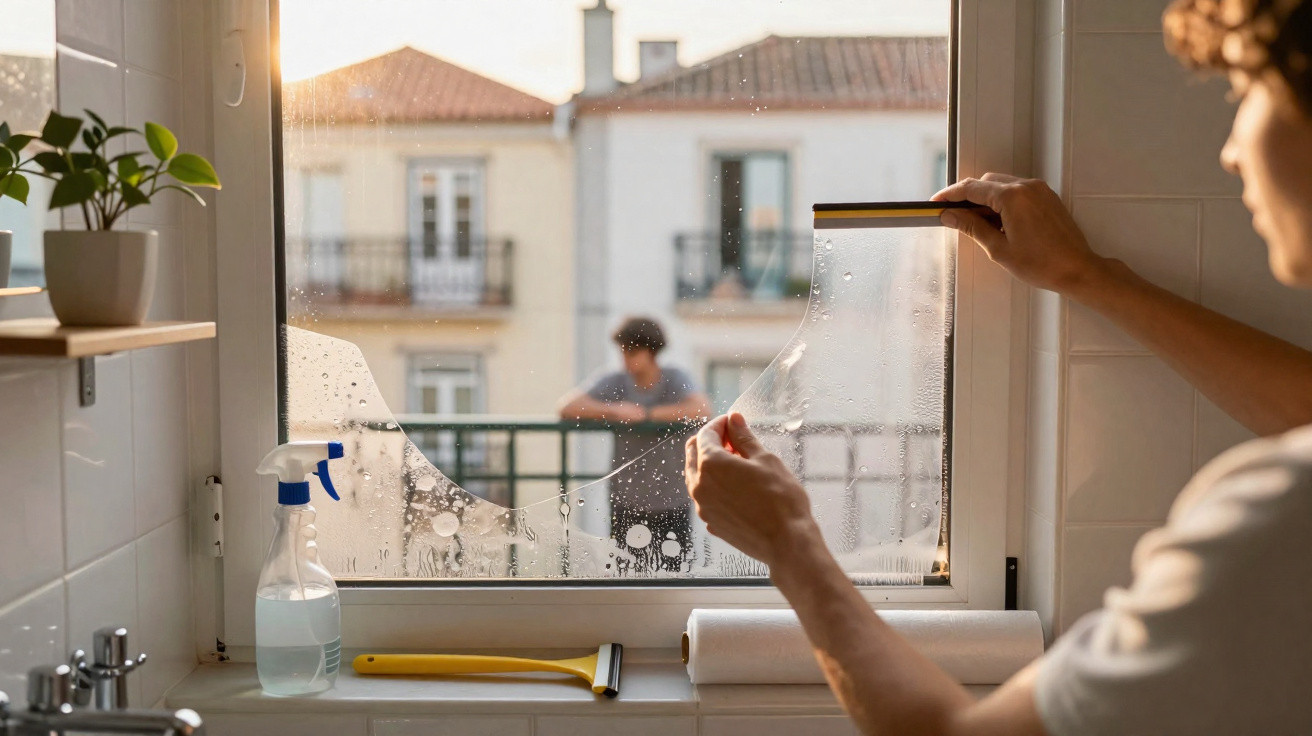 Pessoa a aplicar película transparente numa janela, com homem desfocado no exterior a encostar-se ao corrimão.