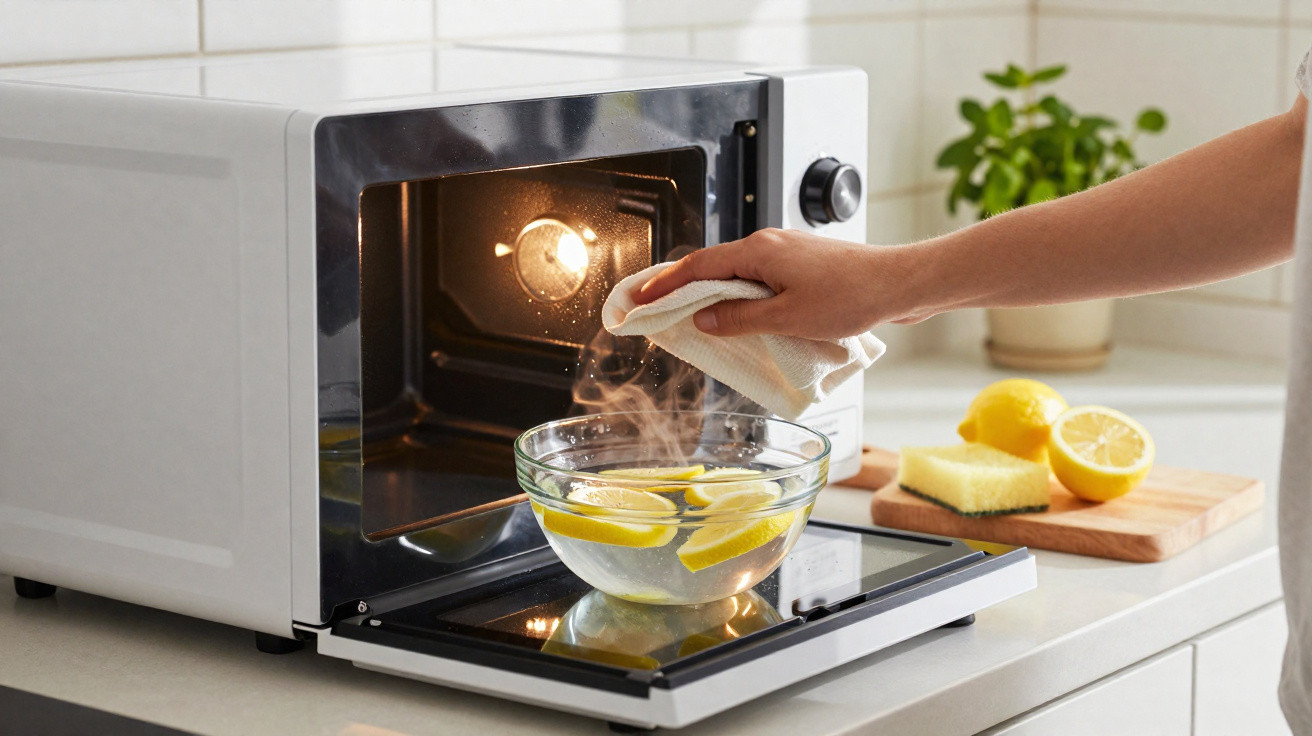Pessoa a retirar tigela de vidro com água e limão a ferver de micro-ondas branco numa cozinha.