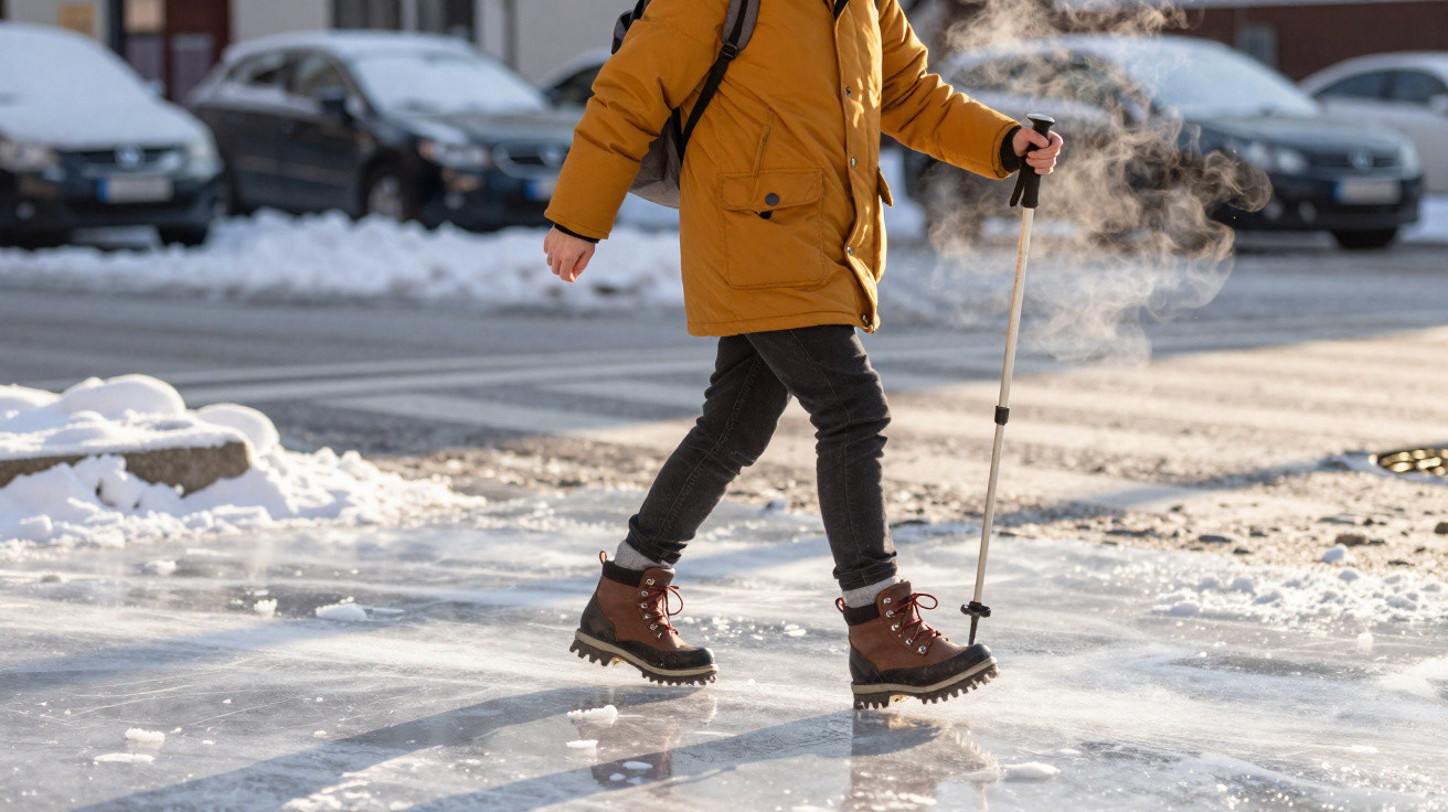 Pessoa com casaco amarelo e botas a caminhar sobre gelo numa rua com neve, segurando bastão de caminhada.