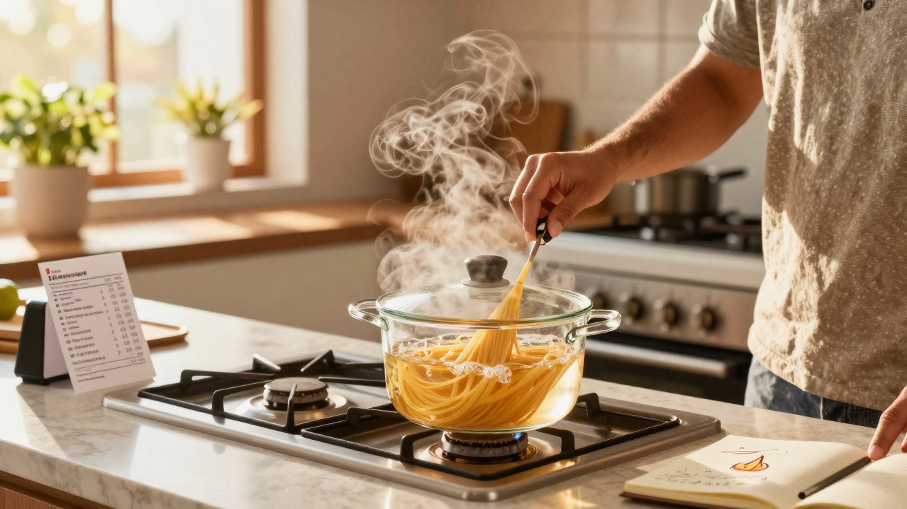 Pessoa a cozinhar esparguete num fogão a gás com panela de vidro e vapor a sair no interior de uma cozinha luminosa.