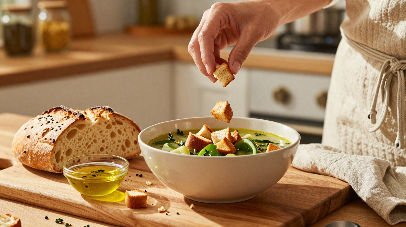 Mão a colocar croutons numa tigela de sopa com pão e azeite numa cozinha iluminada.