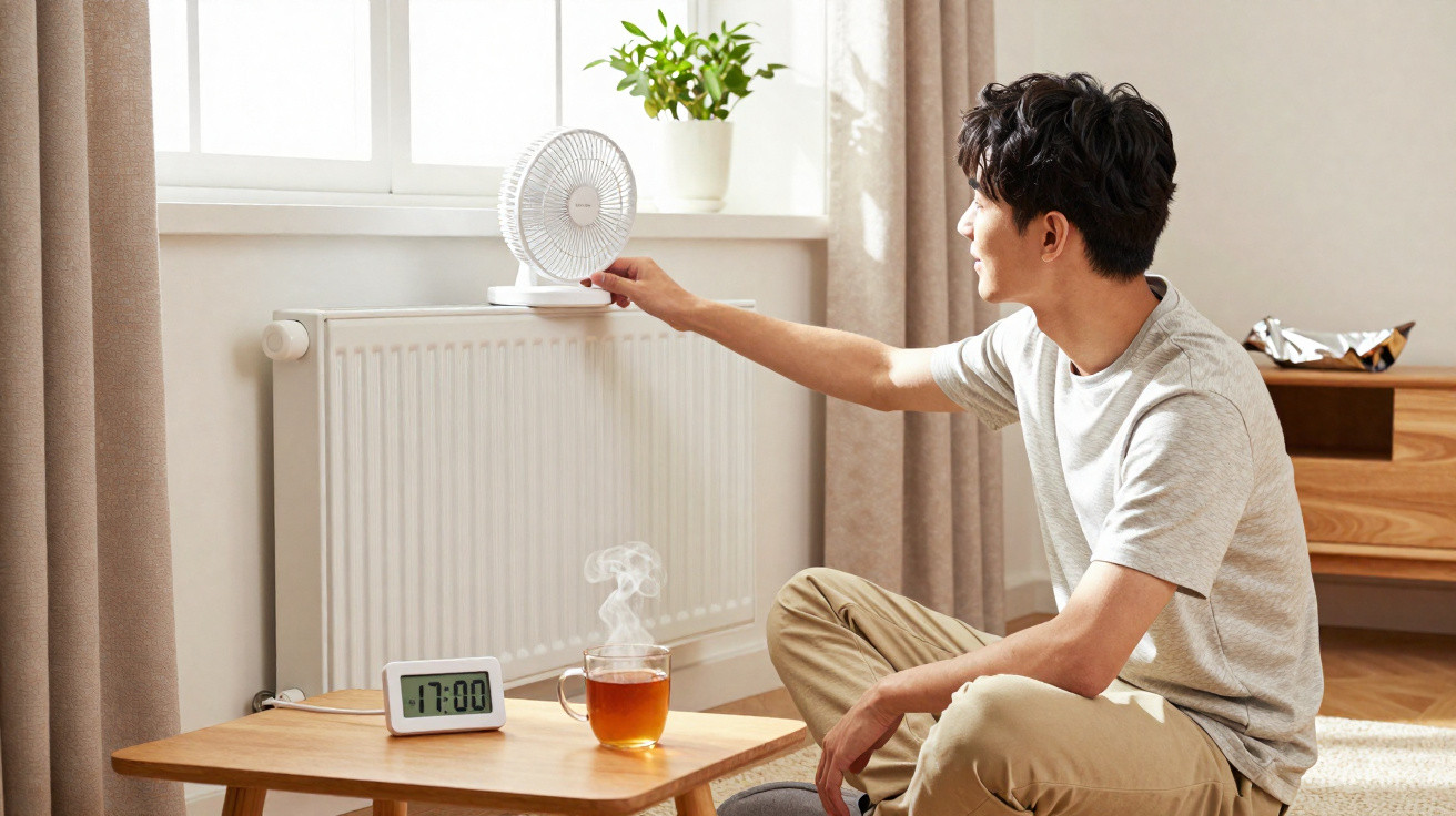 Homem sentado no chão a ajustar um ventilador numa sala com luz natural e chá quente numa mesa baixa.