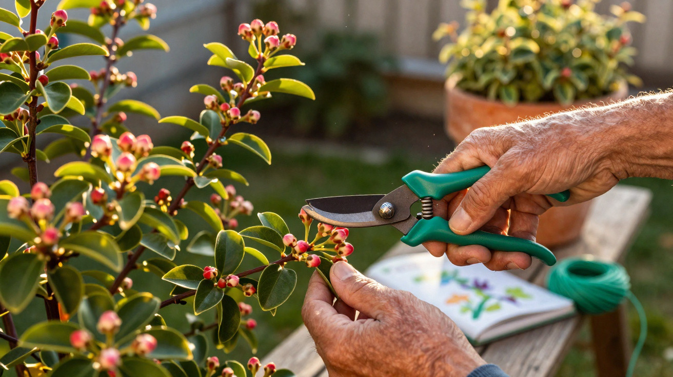Mãos de pessoa idosa a podar ramos floridos com tesoura de jardinagem num jardim ao ar livre.
