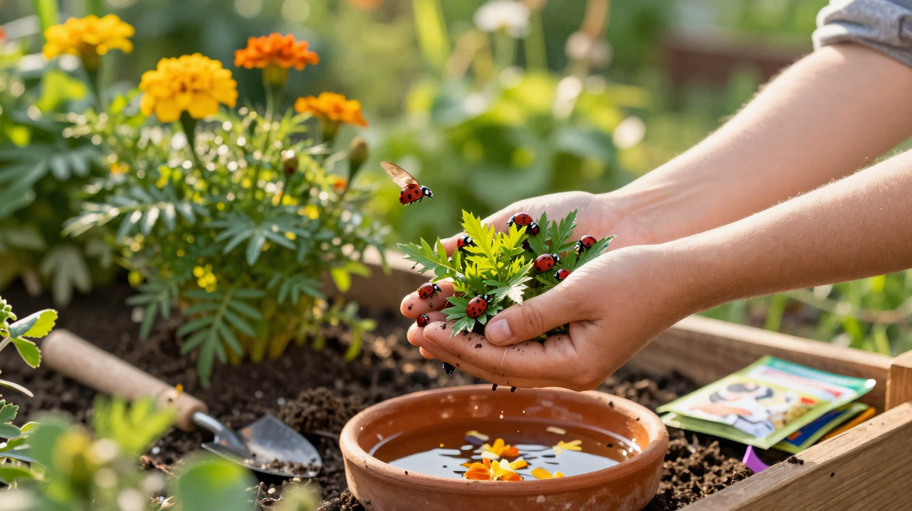 Mãos a segurar plantas com joaninhas, ao lado de vaso com água e flores num jardim.