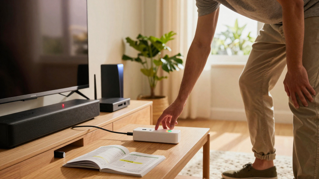 Pessoa a carregar numa régua de tomadas numa sala com televisão, livro aberto e planta.