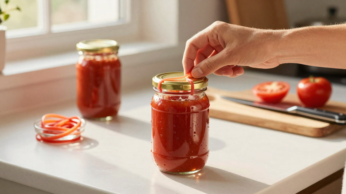 Mão a colocar tampa em frasco de vidro com molho de tomate numa bancada de cozinha iluminada.