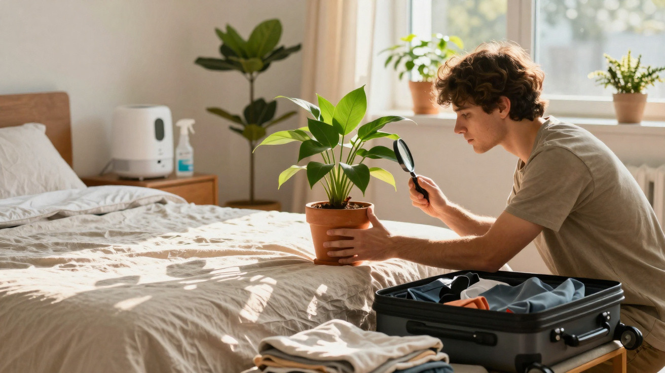 Rapaz observa planta em vaso com lupa numa cama ao lado de mala aberta e roupas dobradas.