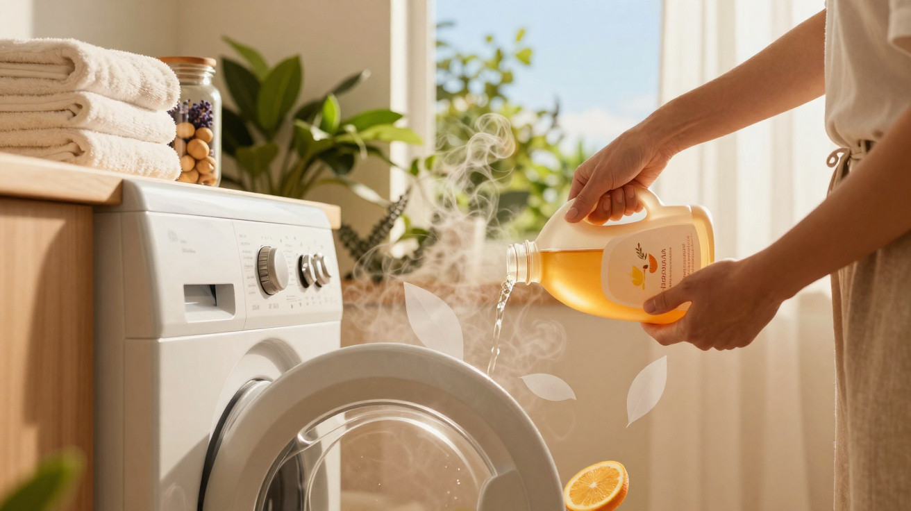Pessoa a verter detergente amarelo numa máquina de lavar roupa com vapor e luz natural ao fundo.