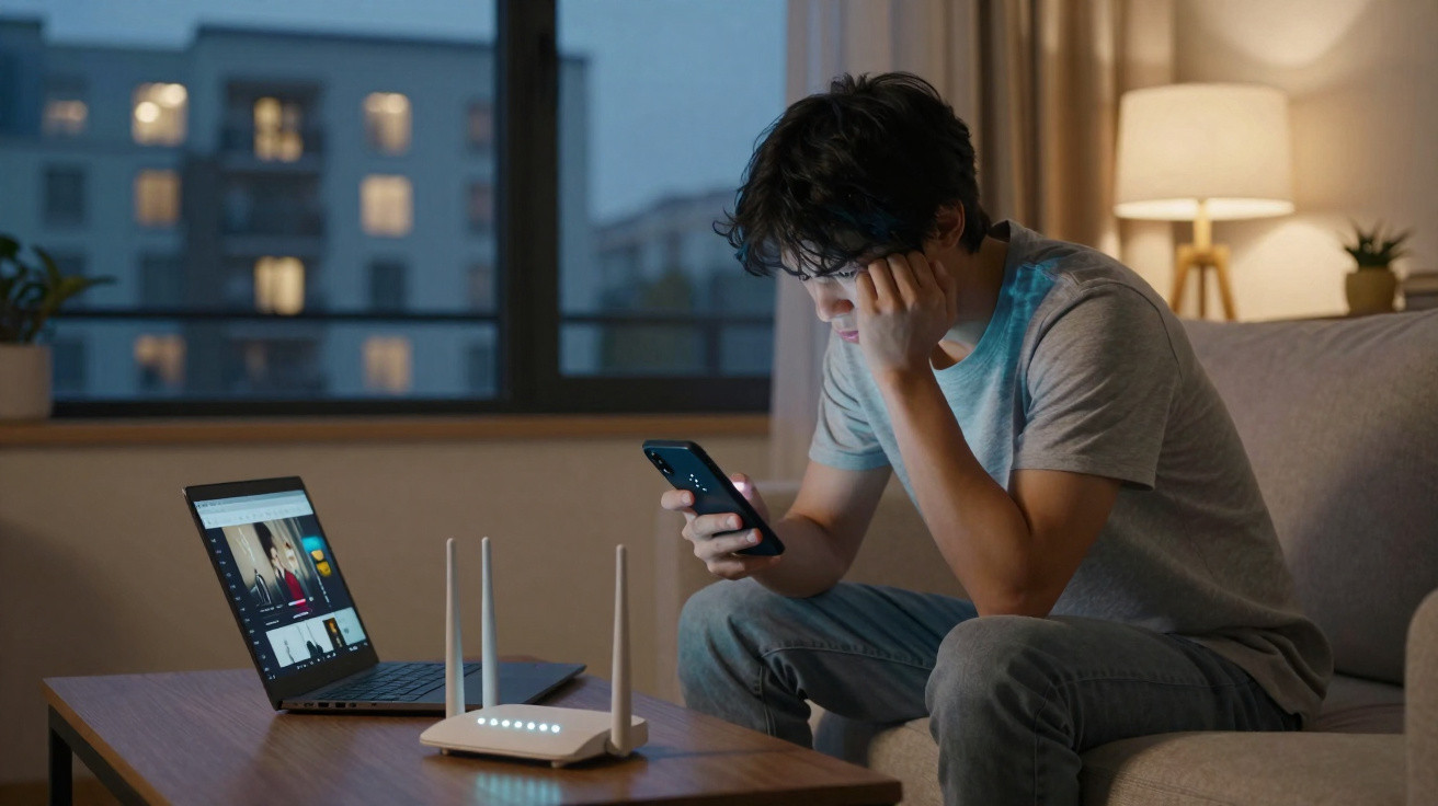 Homem sentado no sofá à noite, preocupado, a olhar para o telemóvel com laptop e router na frente.