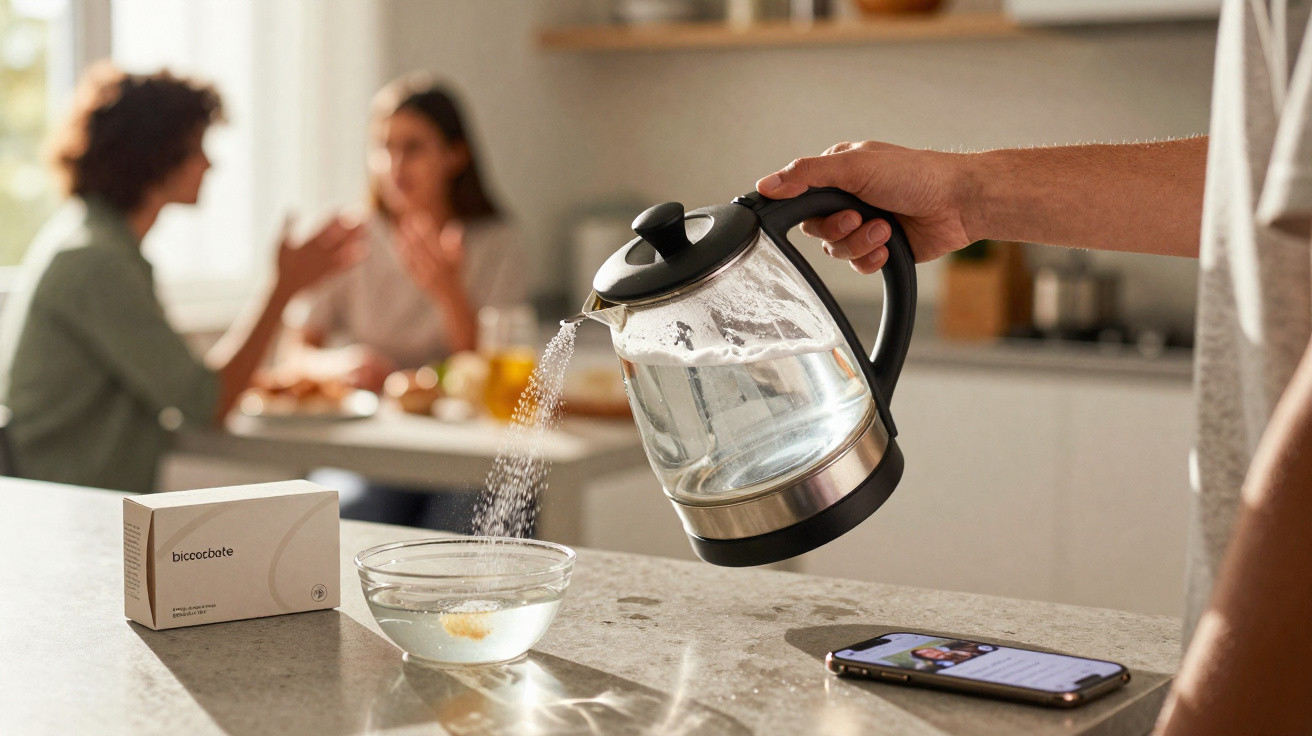 Mão a verter água quente para uma taça na cozinha, com telemóvel e caixa ao lado, e duas pessoas a conversar ao fundo.