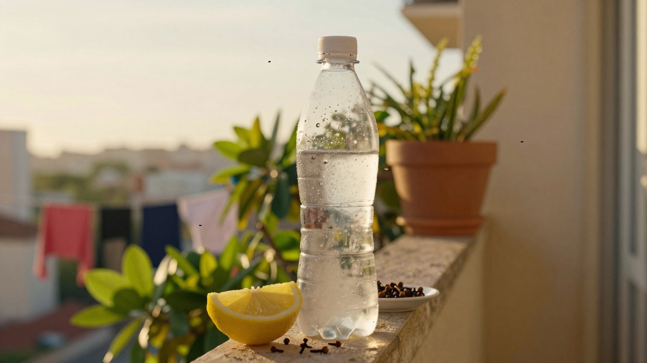 Garrafa de água com gotas, meio limão cortado e cravinho sobre parapeito ao ar livre ao pôr do sol.