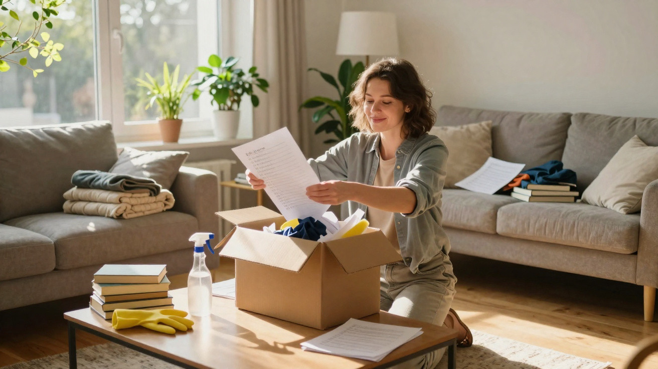 Mulher desempacotando uma caixa numa sala com sofá, plantas e livros ao redor, em luz natural.