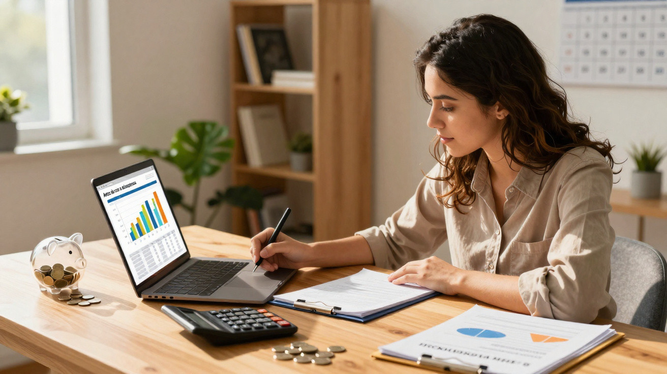 Mulher a analisar gráficos financeiros num laptop e a fazer anotações num caderno numa mesa de madeira.