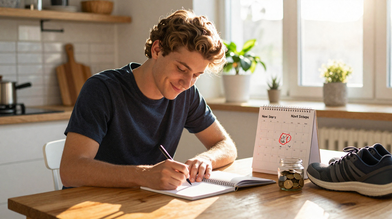 Jovem sentado a escrever num caderno numa cozinha iluminada, com sapatos, moedas e calendário na mesa.