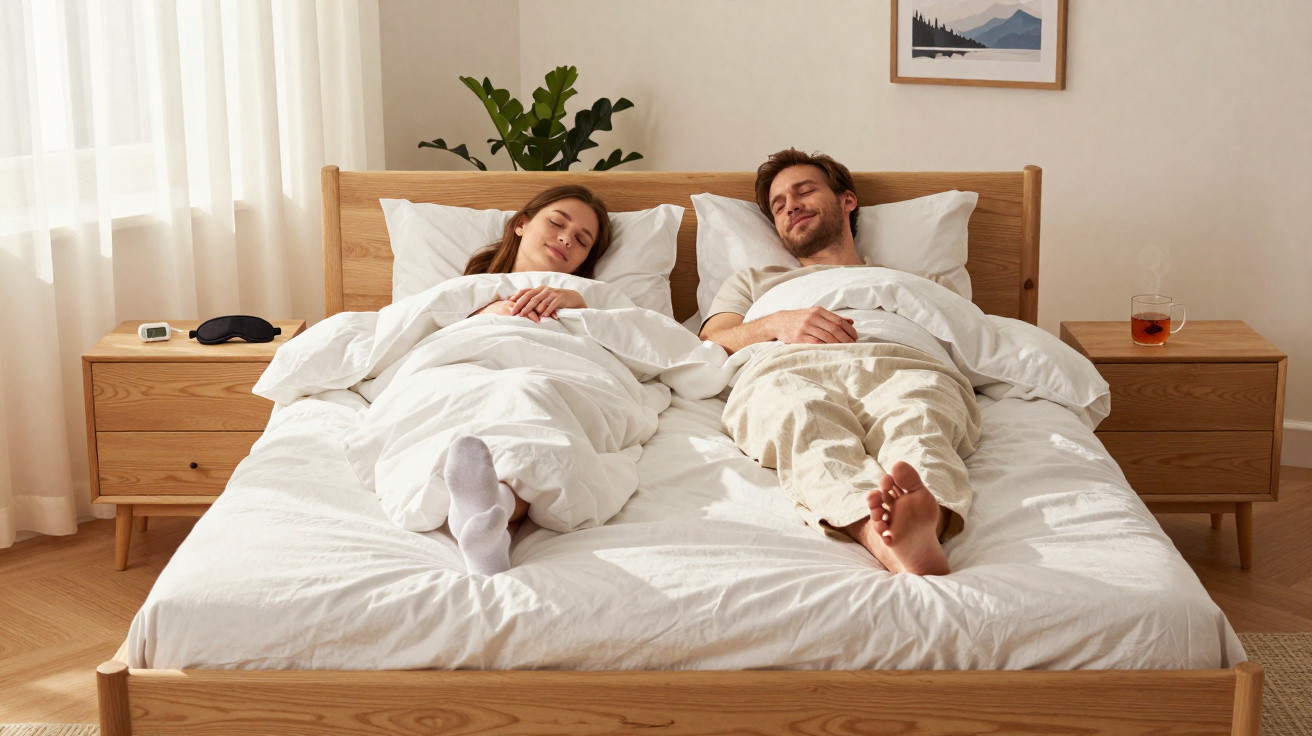 Casal deitado numa cama de madeira clara, com roupa branca, num quarto iluminado e decorado com plantas.