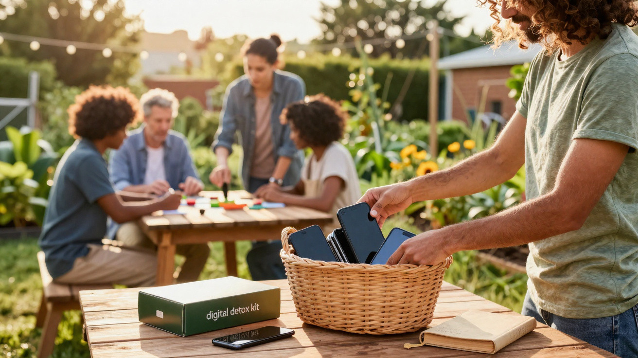 Pessoas a guardar telemóveis num cesto para um detox digital enquanto socializam ao ar livre numa mesa de madeira.