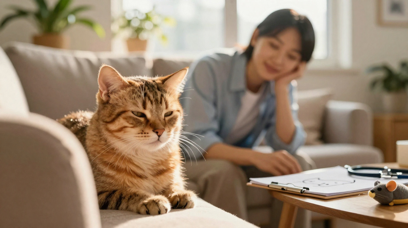 Gato tigrado repousa no sofá com mulher ao fundo e rato de brinquedo na mesa de centro.
