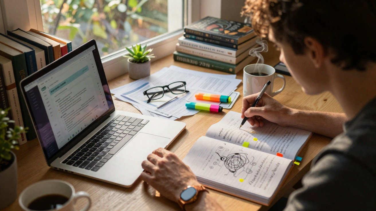 Pessoa a estudar num escritório com computador portátil, caderno, marcadores e café quente.
