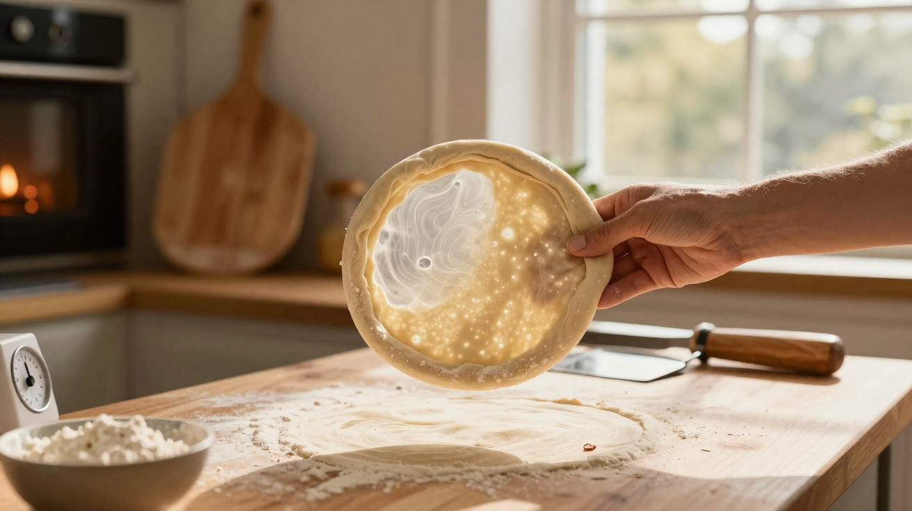 Mão segurando massa fina de pizza contra a luz, numa cozinha com utensílios e farinha numa taça.
