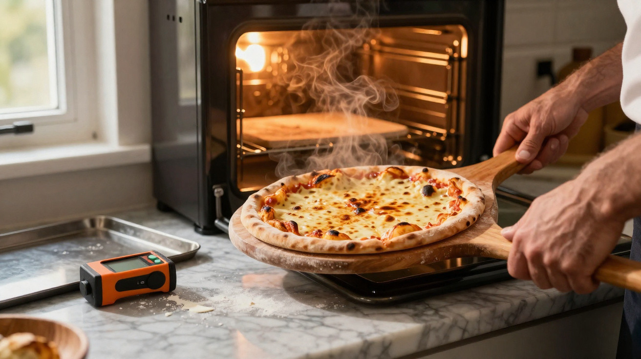 Pessoa a tirar pizza fumegante do forno com pá de madeira numa cozinha com bancada de mármore.