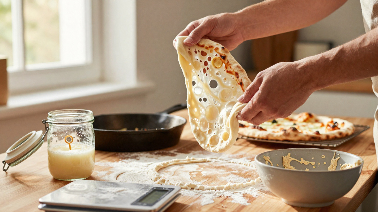 Mãos a esticar massa de pizza com bolhas, sobre mesa com frasco, tigela, frigideira e balança digital.