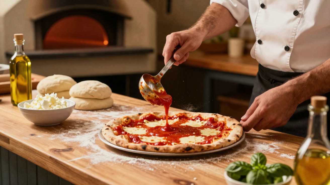 Chef colocando molho de tomate numa pizza antes de ir ao forno de lenha, com ingredientes à volta.