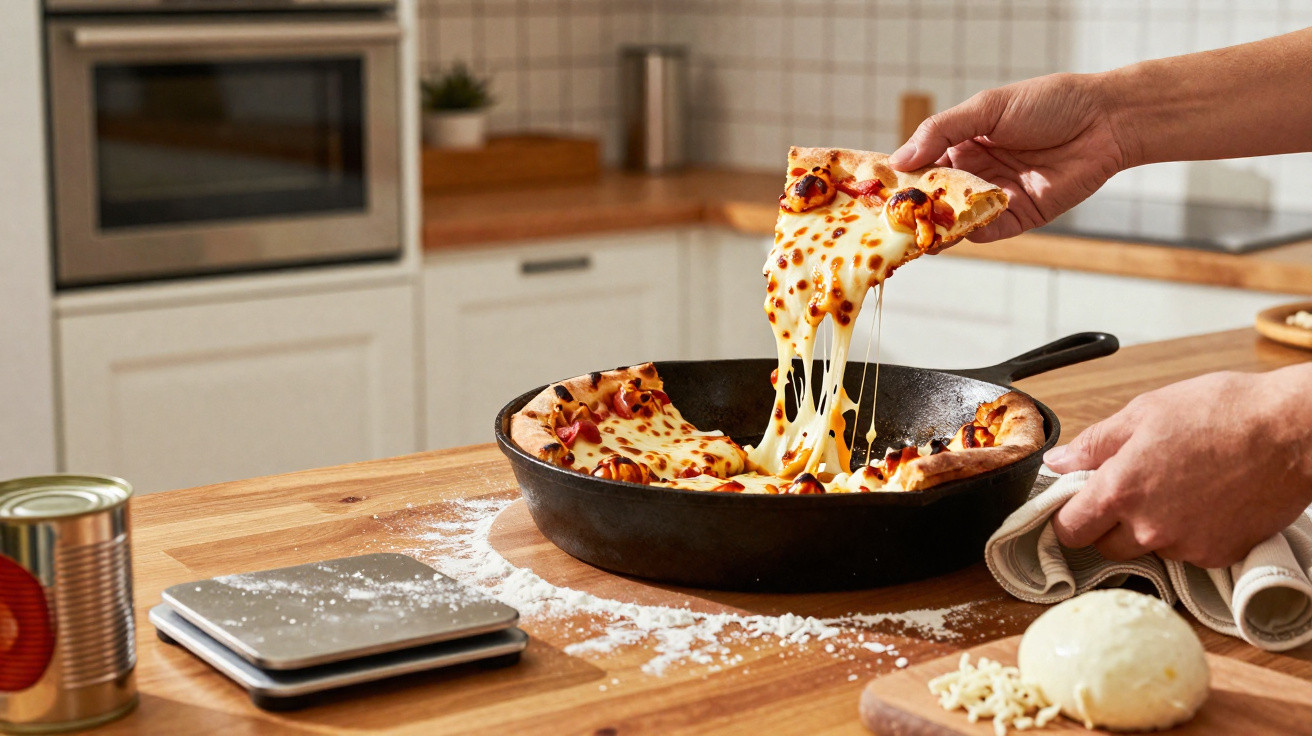 Mão a tirar fatia de pizza com queijo derretido numa frigideira preta numa cozinha moderna.