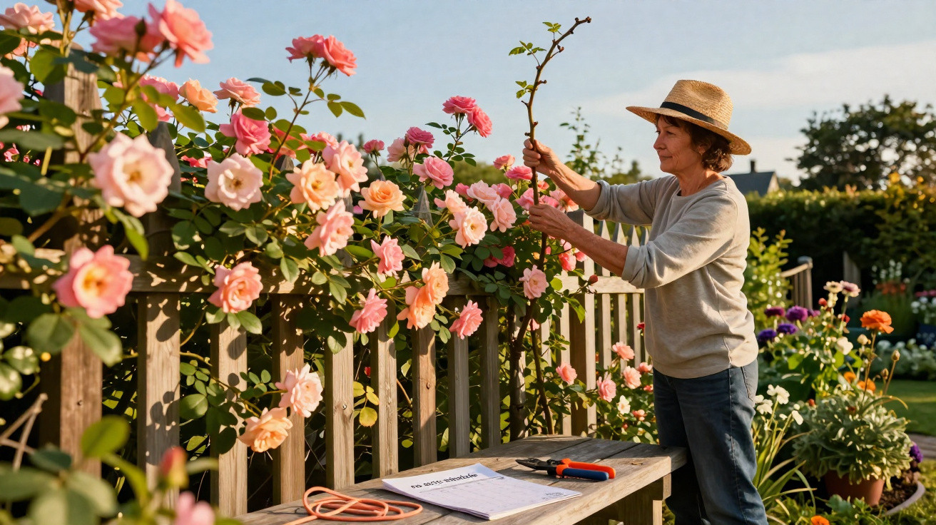 Mulher de chapéu a cuidar de rosas cor-de-rosa num jardim, junto a um banco com ferramentas e caderno.