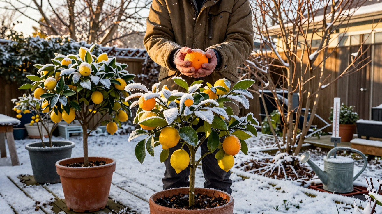 Homem segura laranja com geada em pé junto a pé de limões cobertos de neve num jardim de inverno.