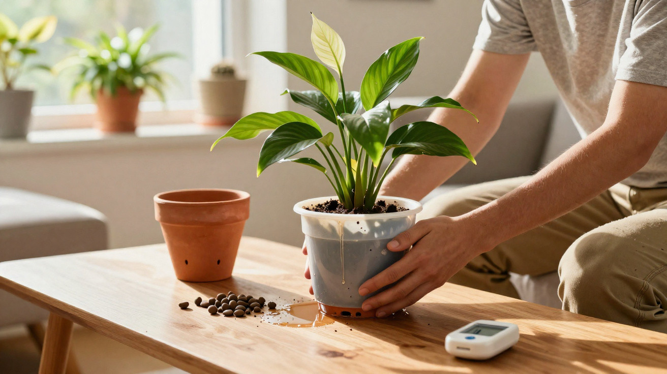 Pessoa a limpar terra e água derramada de vaso com planta sobre mesa de madeira num interior iluminado.