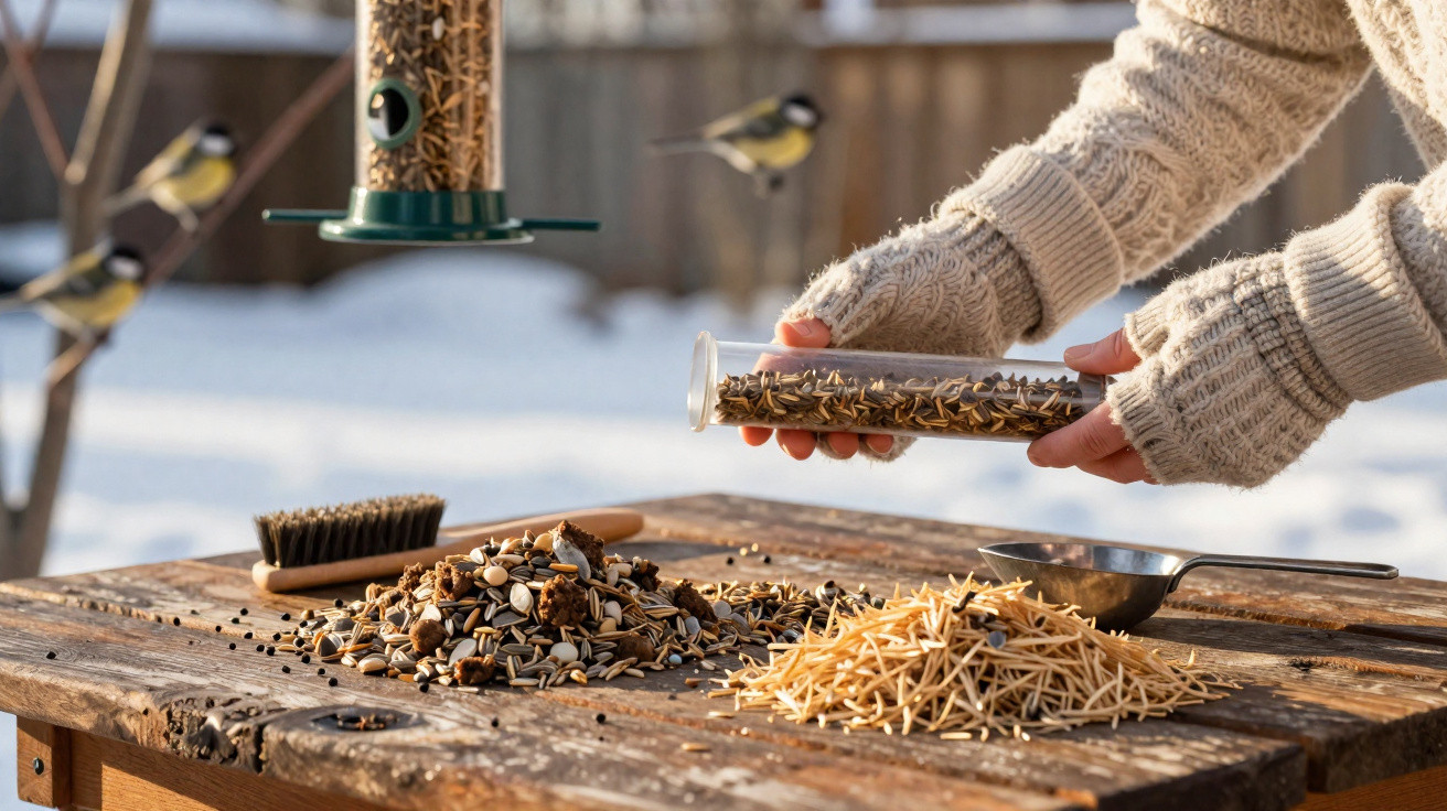 Mãos com luvas a encher comedouro com sementes para pássaros no exterior, com neve e pássaros ao fundo.