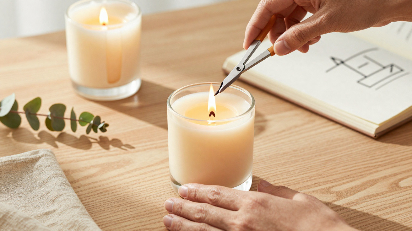 Mãos acendem uma vela aromática numa mesa de madeira com outra vela, folhas e caderno ao fundo.