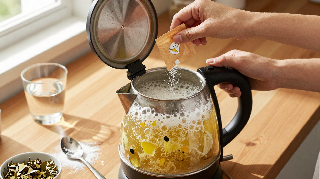 Pessoa a adicionar açúcar em chá com pedaços de limão numa chaleira elétrica transparente na cozinha.