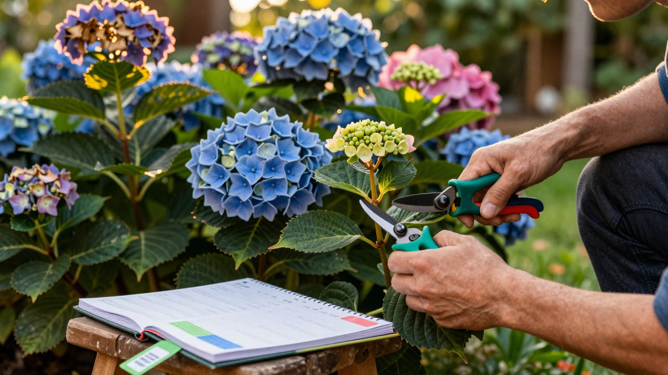 Pessoa a podar flores de hortênsia azuis e rosas num jardim, com caderno aberto numa pequena mesa.