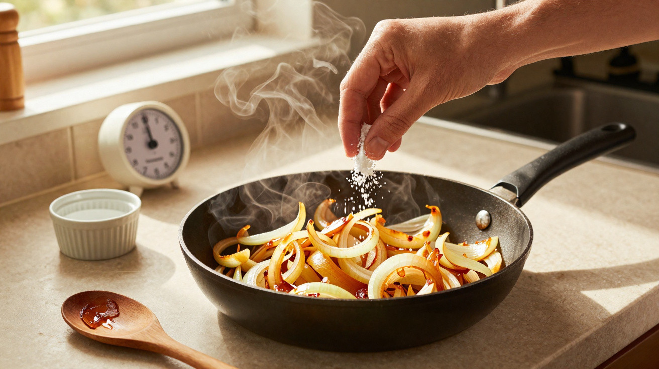 Mão a temperar cebolas a cozinhar numa frigideira com vapor, sobre bancada de cozinha iluminada pela janela.