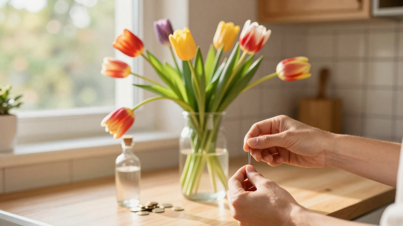 Mãos a segurar um pequeno objeto junto a um vaso com tulipas coloridas numa bancada de cozinha iluminada.