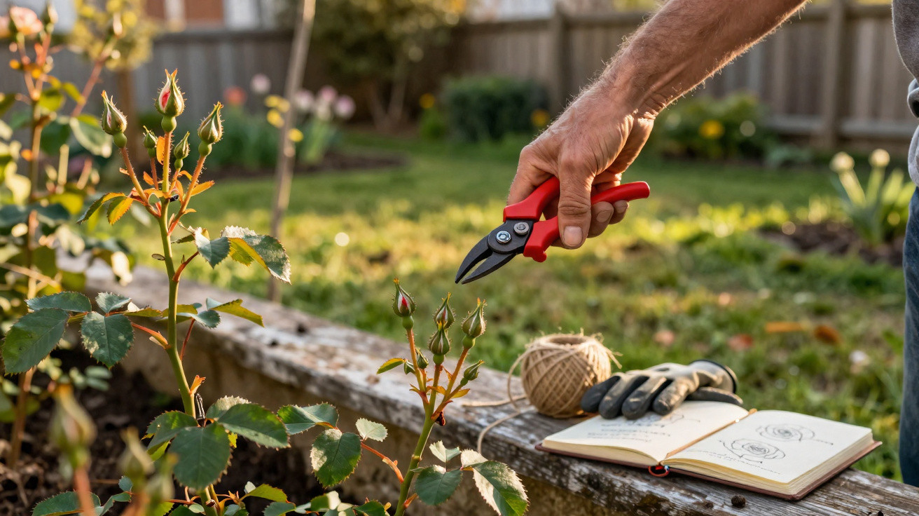 Mão a podar botões de rosa com tesoura vermelha, livro, luvas e novelo num jardim ao entardecer.